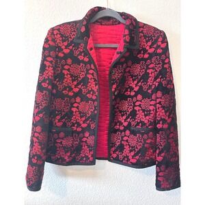 Vintage Red Black Floral Brocade Quilted Lined Jacket Blazer Pockets SZ L